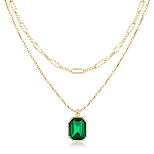 JIAOGE Birthstone Necklace for Women - Emerald Necklaces for Women May Birthstone Necklace for Girls Gifts Layered Gold Necklace for Women Emerald Jewelry Green Necklaces May Birthday Gifts for Women