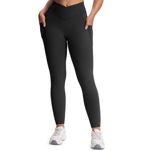 Aoxjox Women's Trinity High Waisted Yoga Pants with Pockets Cross-Waist Tummy Control Buttery Soft Workout Leggings 26' (Black V-Waist, Small)