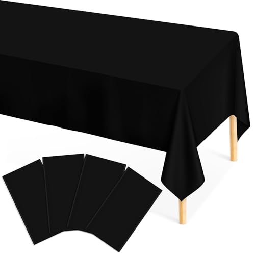 Image of Mulbozy Black Plastic Table Cloth Disposable 4 Pack, 54 x 108 Inch Tablecloths Rectangle, Black Plastic Table Cover for Party Decor