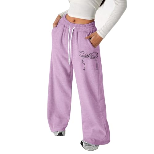 Girls Baggy Sweatpants with Bows Cute Wide Straight Leg Sweat Pants Y2k Aesthetic Joggers with Pockets Preppy Clothes