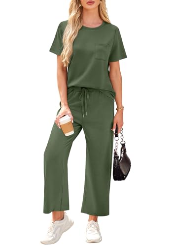Image of WIHOLL 2 Piece Sets for Women Casual Summer Travel Vacation Outfits Short Sleeve Wide Leg Crop Pants Lounge Sets