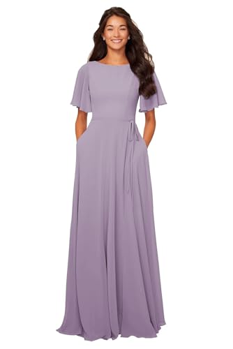 Image of petyoo Chiffon Flutter Sleeve Bridesmaid Dresses with Pockets Sash Long A Line Formal Dress