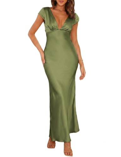 Image of Halfisland Womens Summer Satin V Neck Cap Sleeve Midi Dress Wedding Guest