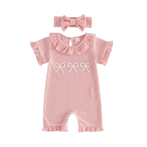 Beauace Baby Mädchen Kleidung Set Sommer Outfit Schleife Kurzarm Bodysuit Stickerei Jumpsuit + Stirnband Sets Rüchen Babyset Niedliche Babykleidung (Rosa, 3-6 Monate)