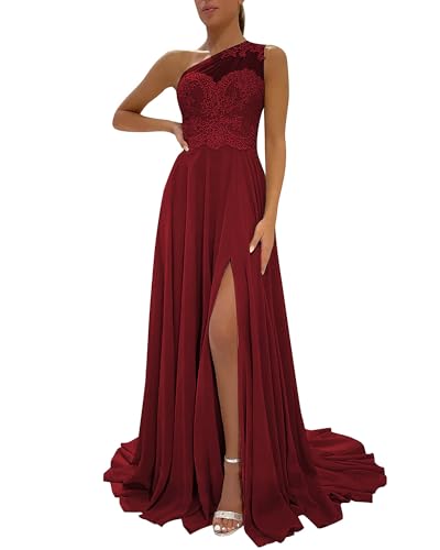 Image of LANGKAAO One Shoulder Lace Bridesmaid Dresses Long for Wedding A-Line Chiffon Slit Formal Party Gown with Pockets