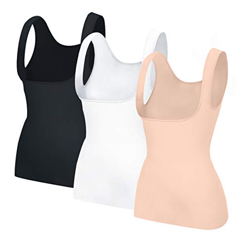 EUYZOU Women's 3pk Underbust Shapewear Tank Tops - Seamless Tummy Control Compression Camisole Tops Slimming Tank - Black/White/Nude M