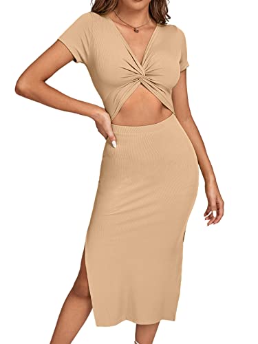 Image of LYANER Women's Twist Front Cut Out Split Hem V Neck Short Sleeve Knit Bodycon Midi Dress