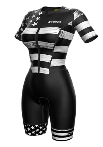 Sparx Aero Triathlon Suit Women Short Sleeve Tri Suit Women Running Swimming Cycling Skinsuit (Black & White Flag, XL)