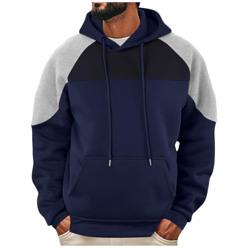 Mens Hoodies Pullover Sweatshirt Color Block Fleece Long Sleeve Patchwork Casual Hooded Sweatshirt with Pocket