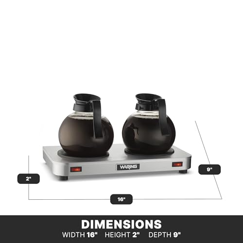 Image of Waring Commercial WCW20 Cafe Deco Double Coffee Carafe Warmer, 120V, 5-15 Phase Plug,Silver | Double Side-by-Side Burner, 70W Self-Regulating Heat Control, NSF Certified for Restaurants & Cafes
