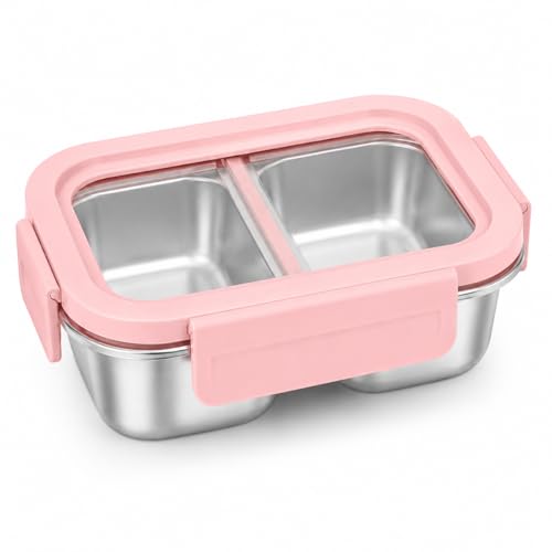 Image of YELONA 316L Stainless Steel 600ML Lunch Box for Kids & Adults | Leakproof Bento Box with 2 Compartments, Removable 4 Side Lock Lid | Microwave Safe Steel Tiffin Box for Office School Travel - Pink