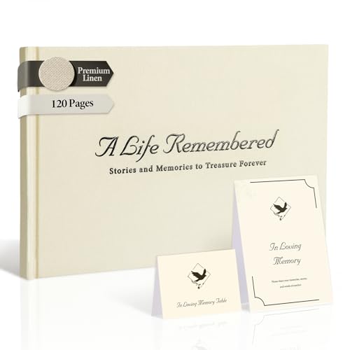 Condolence Book Funeral Guest Book in Loving Memory Celebration of Life Linen Hardback Gold Foil Welcome Card & Table Sign 21.5 x 14.5 cm 120 Blank Pages for Memorial Service and Wake