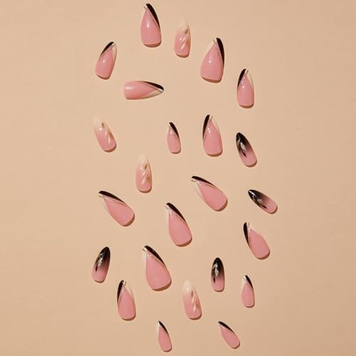 Image of Leaf Press on Nails Gold Glitter Fake Nails Medium Almond False nails with Design French Tip Glue on Nails Artificial Acrylic Nail Full Cover Nude Stick on Nails for Women Manicure 24Pcs