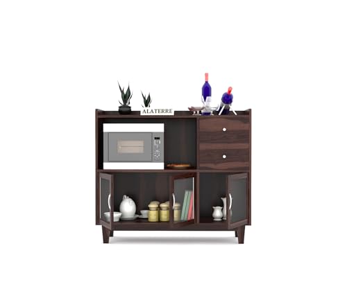 Image of Wood Kitchen Crockery Cabinet with Glass Door | Wooden Sideboard Cabinets Living Room | Crockery Unit, Dining Room Furniture, Chest of Drawers, Walnut Finish