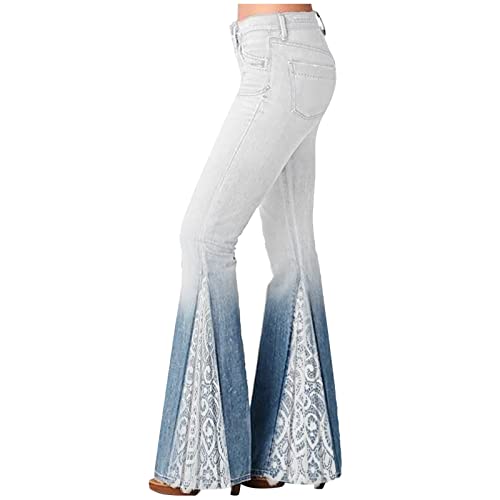 Women Flare Tapered Jeans High Waisted Floral Print Lace Trousers Gradient Color Bell Bottom Denim Pants with Pocket