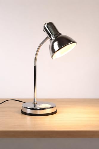 Image of Metal Desk Lamp with Bulb, Red Finish, Adjustable Gooseneck, 16 Inch Height, Strong Body Table Lamp (Silver)