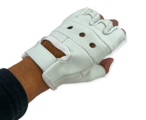 Men's Lightweight White Leather Fingerless Gloves Bikers Protective Rockers Glove (Medium)