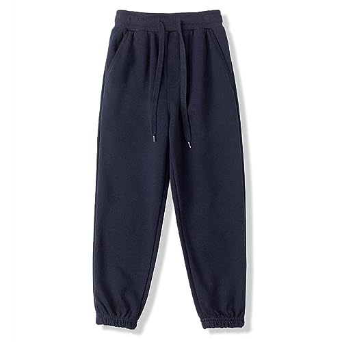 BINIDUCKLING Boys Girls Plain Joggers, Drawstring Tracksuit Bottoms Classic Elasticated Cuff Jogging Pants Kids Casual School Trousers for PE Sports and Games (Navy,160/10-12Years)