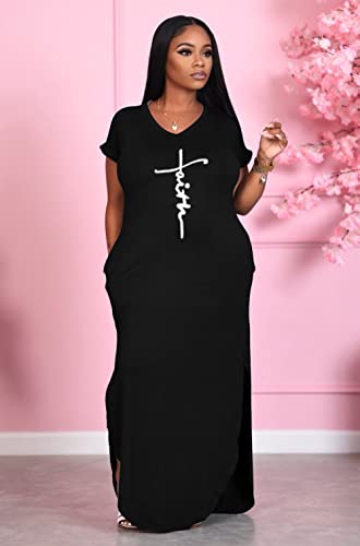 Women's Summer Casual Short Sleeve V Neck Tshirt Long Dress Loose Side Split Beach Maxi Dresses with Pocket4