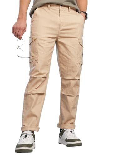 Image of Vogaan Men Cotton Linen Blend Cargo Pants | Mid Rise Regular Fit Casual Trousers | Multi Pocket Utility Bottom Wear | Comfortable Breathable Fabric Travel Outdoor Styling