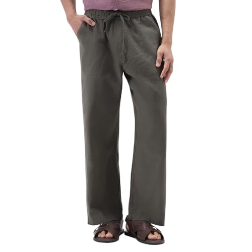 Image of Urbano Fashion Men's Loose Fit Solid Linen Blend Trousers Non-Stretchable