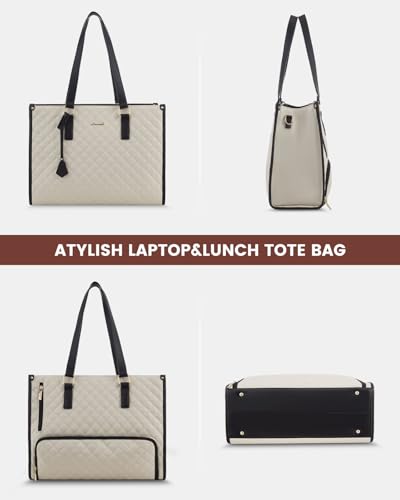 LOVEVOOK Lunch Tote Bag for Women, 16 Inch Laptop Bag with Insulated Lunch Compartment, Quilted Large Capacity Computer Handbag with Purse for Office, Business, Work, Nurse, Collage, Casual