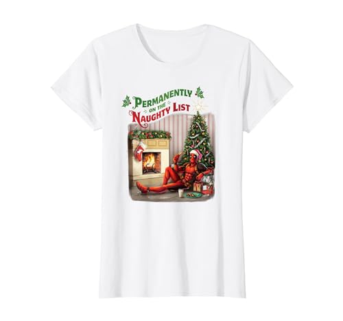 Marvel Deadpool Permanently on The Naughty List Holiday T-Shirt, Women, White, X-Small