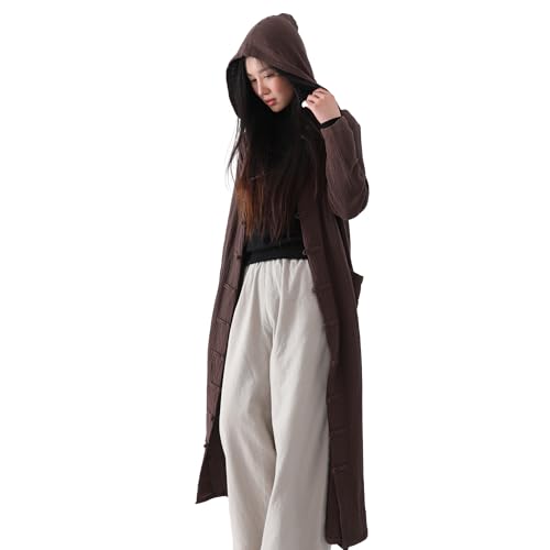 Women's Hooded Robe Coat Cotton Linen Blend Long Jacket Outerwear with Button Closure & Pocket2