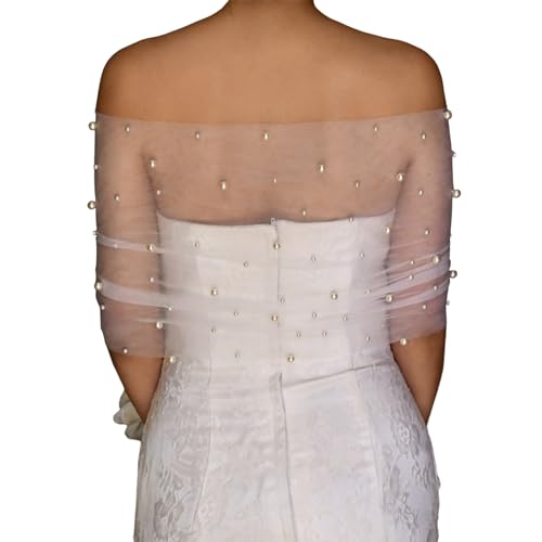 Wedding Bridal Shoulder Wrap Sheer Shawl with Pearl Beads Shoulder Wrap Elegant Simple Formal Banquets Party Shawl, 115cm, Beige Snow3