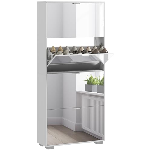 HOMCOM Meuble à Chaussures 2 en 1 Armoire à Chaussures étroite façades Miroir, 4 Portes abattants, étagères réglables, Gain de Place, 76l x 26P x 168H...