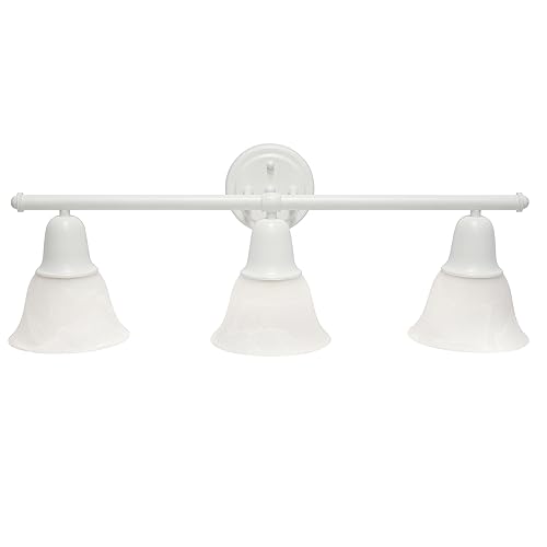 Image of Simple Designs VT1027-WHT 26.5 inch Classic 3 Light Straight Metal Bar and Frosted Marble White Bell Shape Glass Shades Decorative Wall Mounted Vanity Fixture for Bathroom, Entryway, Hallway, White
