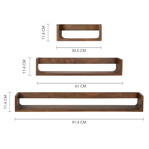 Image of Ellementry Still Life Wall Shelf Set of 3 Mango Wood Walnut Finish | Decorative Floating Shelves, For Living Room & Bedroom