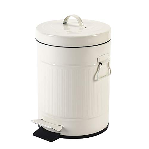Bathroom Trash Can with Lid, Small Waste Basket for Home Bedroom, Retro Step Garbage Can with Soft Close, Vintage Office Trash Can, 5 Liter/ 1.3 Gallon, Glossy Cream White