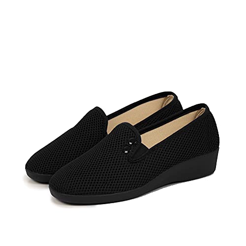 CoboFamily Zapatillas de Estar por Casa Mujer Verano Otoño Invierno, Zapatillas Casual Cómodas Respirables, Zapatos de Rejilla con Tacón Cuña y Punta Cerrada Multicolor, Suela Caucho (Negro, 37)