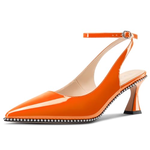 Image of NobleOnly Womens Slingback Heels Beaded Pumps Ankle Strap Pointed Toe Kitten Heels Dress Shoes 2.6 Inches