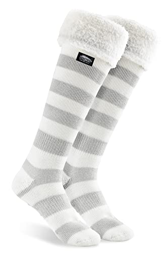 CityComfort Calcetines Mujer Largos Invierno Antideslizantes de Forro Polar Hasta la Rodilla (Gris/Blanco)