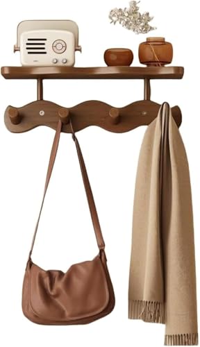 木製スリムウォールハンガー(壁掛け棚兼用) フック付き収納デザイン コート/帽子/カバン/洋服掛け・鍵置き対応 パンチング & 貼り付け 2 種取り付け 省スペースおしゃれインテリア 玄関/浴室/寝室/台所/オフィス用 (4連,ブラウン-単層)