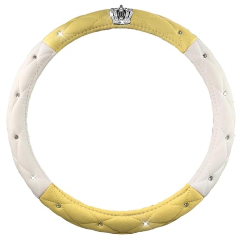 MINGZAIQIPEI Housse de volant en peluche avec couronne scintillante et strass - Accessoire de voiture antidérapant - S'adapte à la plupart des protections de voiture - 38,1 cm (jaune + blanc)