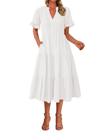 BTFBM Summer Dresses for Women 2025 Vacation V Neck Loose Short Sleeve A Line Tiered Flowy Casual Midi Beach Dress