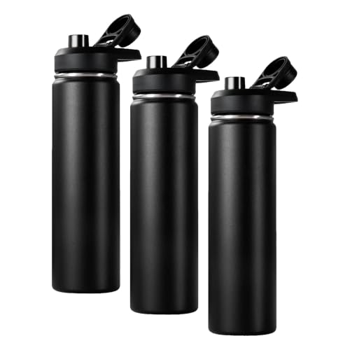 Image of Fijinhom Insulated Water Bottle with Handle, 304 Stainless Steel Water Bottles with Wide Mouth, Double Wall Vacuum Sports Water Bottle, BPA Free, Keep Cold and Hot, 24 Ounces, Black (Pack of 3)