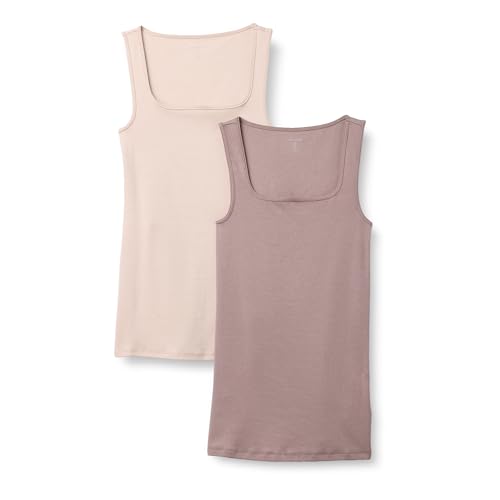 Amazon Essentials Womens 2-Pack Slim Fit Square Neck Tank Dress Light Beige/Dark Taupe Small