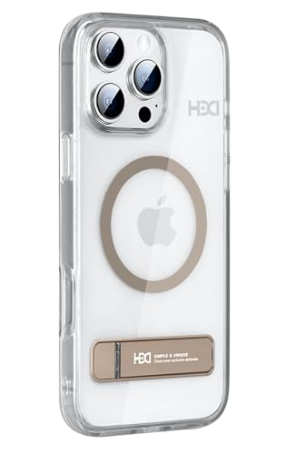 Image of BOUNCEBACK Polycarbonate Shockproof Transparent Hybrid Back Case /Cover with Kick Stand Support Magnetic Charging for iPhone 16 Pro Max - (Clear Gold)