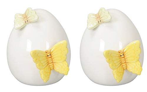 Dio dekoratives frühlingshaftes Deko-Ei Keramik-Ei Oster-Ei Keramik weiß glänzend mit gelbem und hellgrünem Schmetterling (2 x klein)