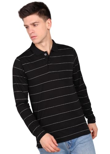 Image of INKKR Men Full Striped Polo Neck Cotton Blend T-Shirt