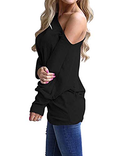Poetsky Off The Shoulder Tops for Women Long Sleeve Pullover Batwing Tunic Top (M, Black)