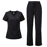 COZYFIT Scrubs for Women - Mock Wrap Top & Straight Leg Pants with 6 Pockets, Back Princess Seams, Soft Fabric Medical Scrubs Set Workwear for Women, Black, M