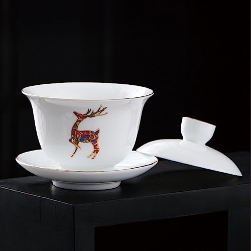 Image of Porcelain Gaiwan 8oz Teacup White Glazed Tureen Chinese Sancai Cover Bowl Lip Cup Saucer Set (Red Deer)