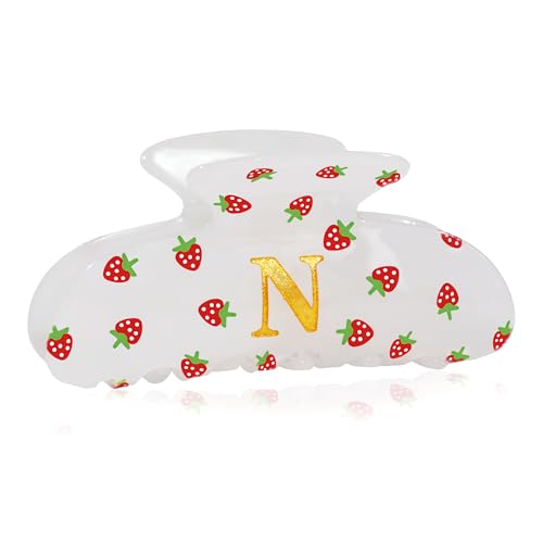 Image of Initial Strawberry Hair Clips for Women - Teen Girl Gifts Trendy Stuff, Y2K Accessories Strawberry Print Hair Accessories, Wedding Bridesmaid Birthday Valentines Day Gifts for Girls, Letter N