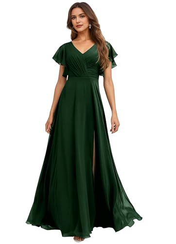 IIF Women's V Neck Bridesmaid Dresses for Wedding Long Chiffon Ruffled Sleeves Formal Gown with Slit IIF164