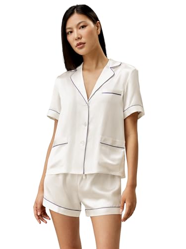 LilySilk Silk Pajamas Women Summer Contrast Piping 100% Mulberry Silk Pjs Set Ladies Sleepwear 2pc